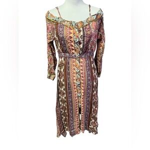 Miss Me Boho Peasant Cold Shoulder Lined Long Sleeve Button Up Dress Medium